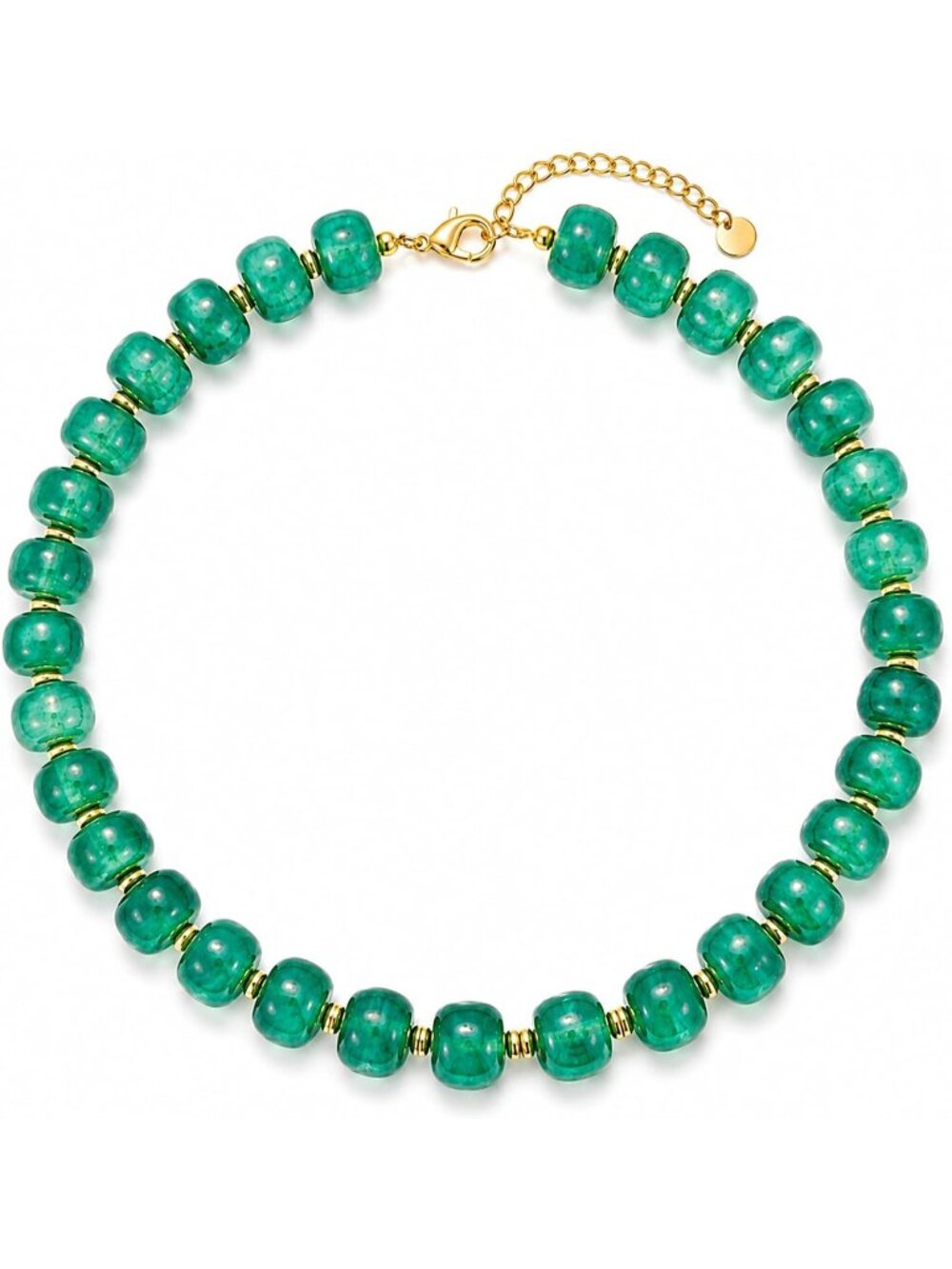 Women's Chunky Green Beaded Necklace Marbled Resin Drum Bead Choker Jewelry